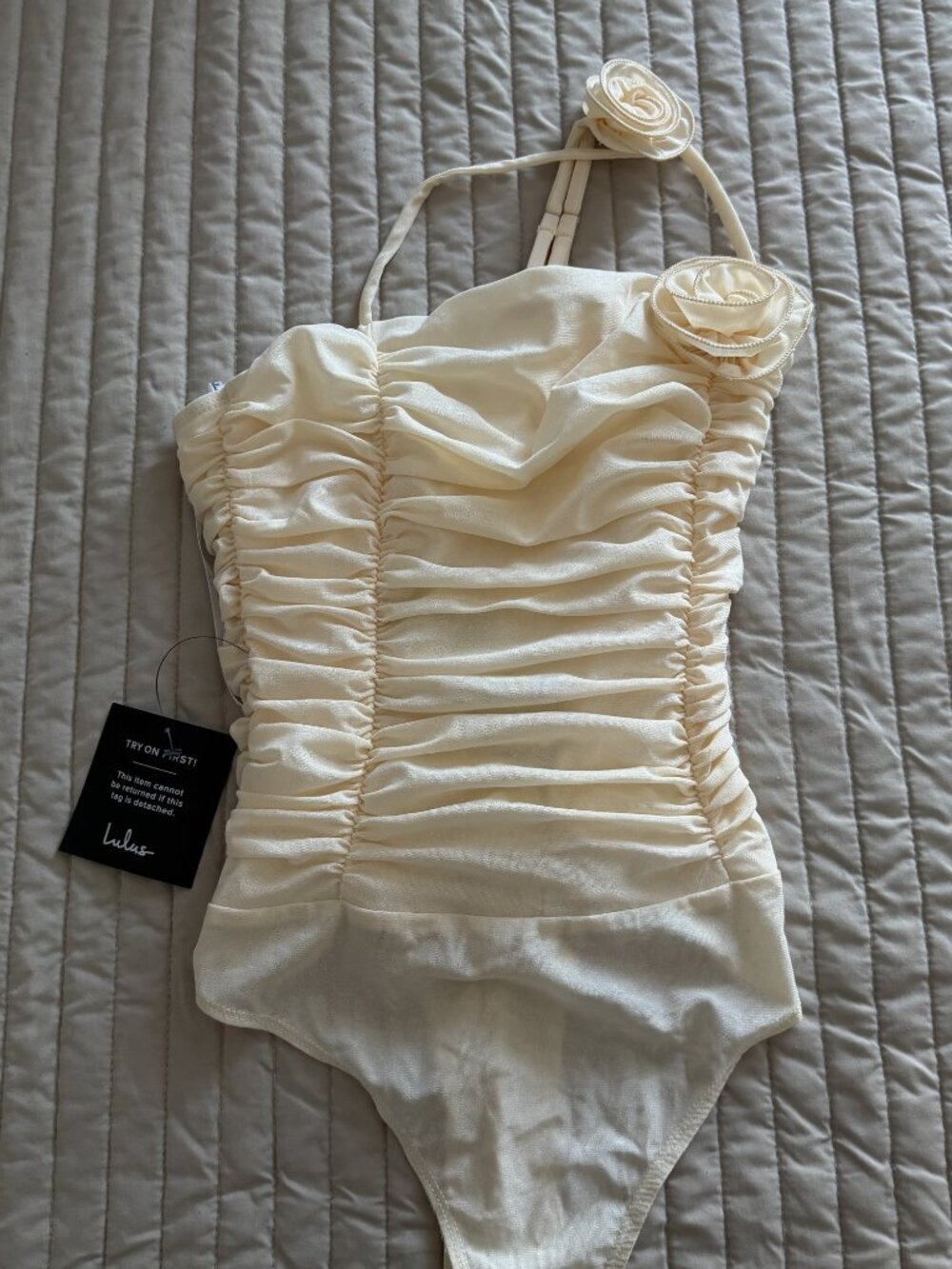 NWT Lulus Ruched Rosette Bodysuit Cream